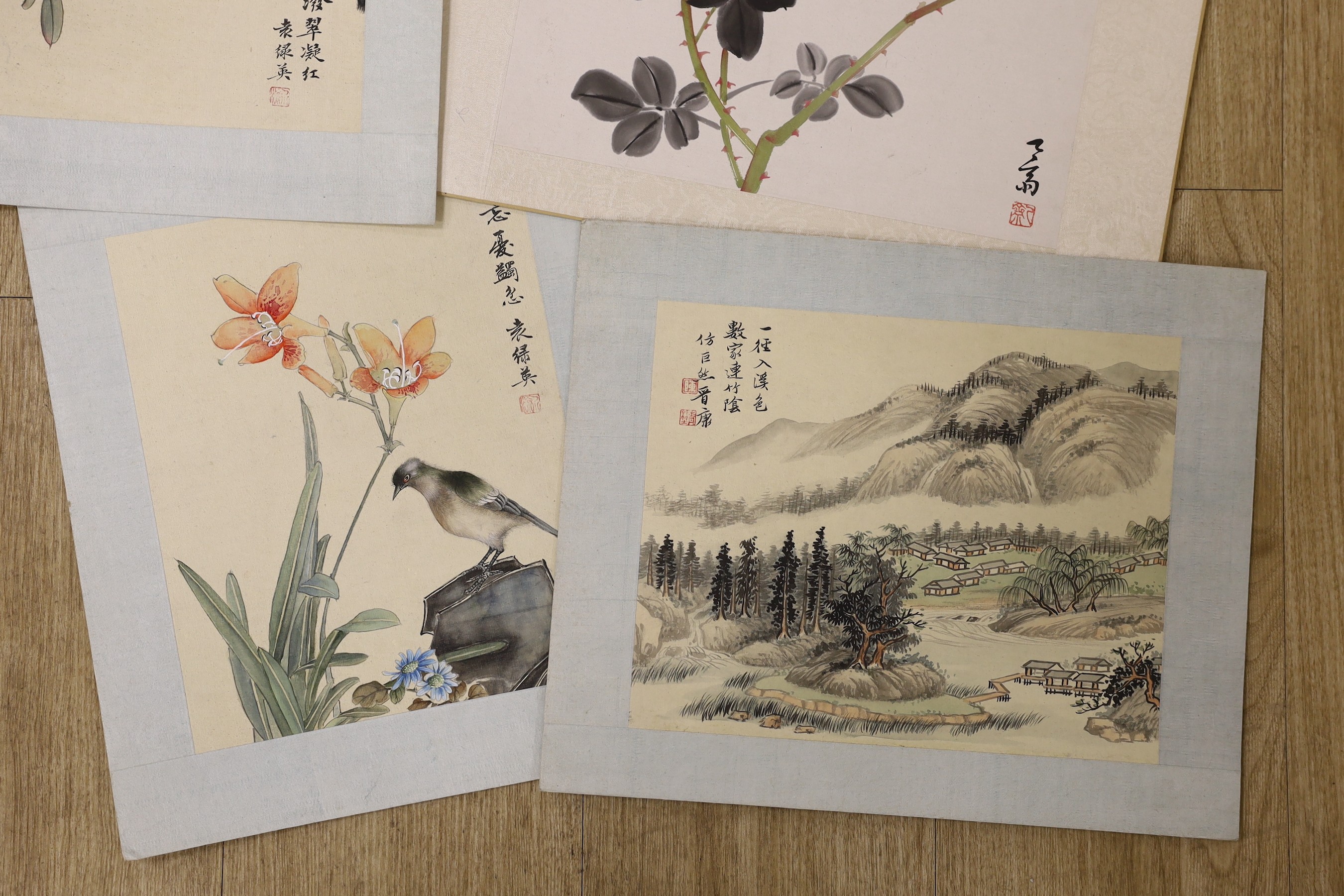 Chinese School, late 20th century, two paintings on silk and three colour woodblocks on paper of birds and flowers and two landscape paintings on silk, approx. 27 x 21cm (7)